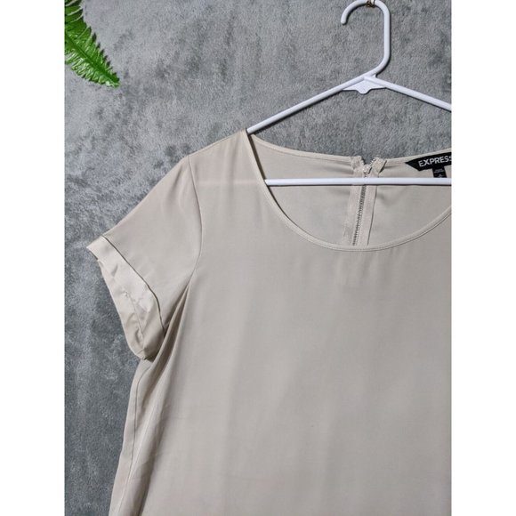 🍑EXPRESS Women Knit Tunic Solid Beige Round Neck Short Sleeve Zip Close M(8-10) - Picture 9 of 11